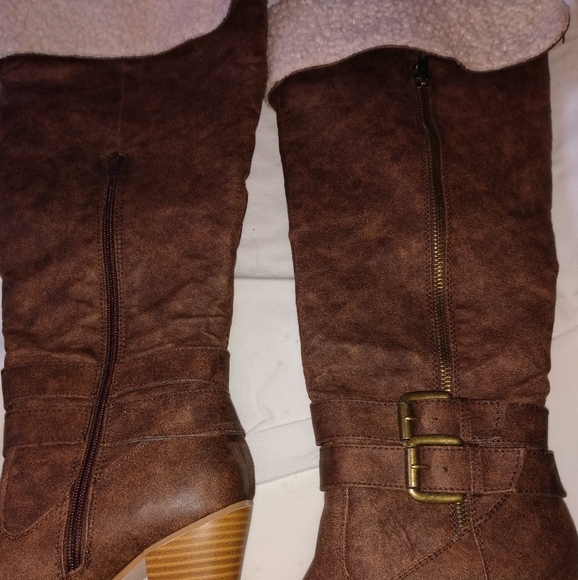 Just Fab Brown Double Buckle Faux Fur Heels/Boots - Picture 2 of 4